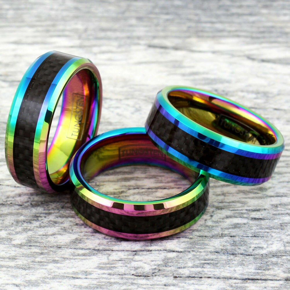 8mm- Tungsten Carbide Ring Metallic Rainbow Finish w/ Black Carbon Fiber Inlay