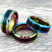 6mm- Tungsten Carbide Ring Metallic Rainbow Finish w/ Black Carbon Fiber Inlay