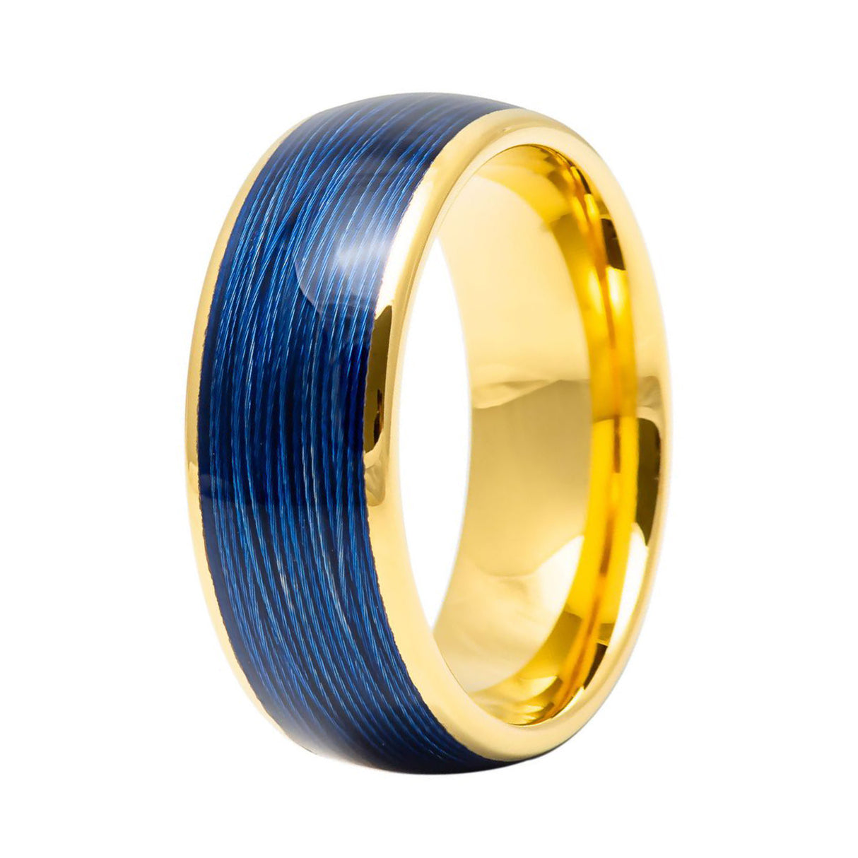 8mm - Dome Shape with Rolled Blue Wire Inlay Gold And Blue Tungsten Band