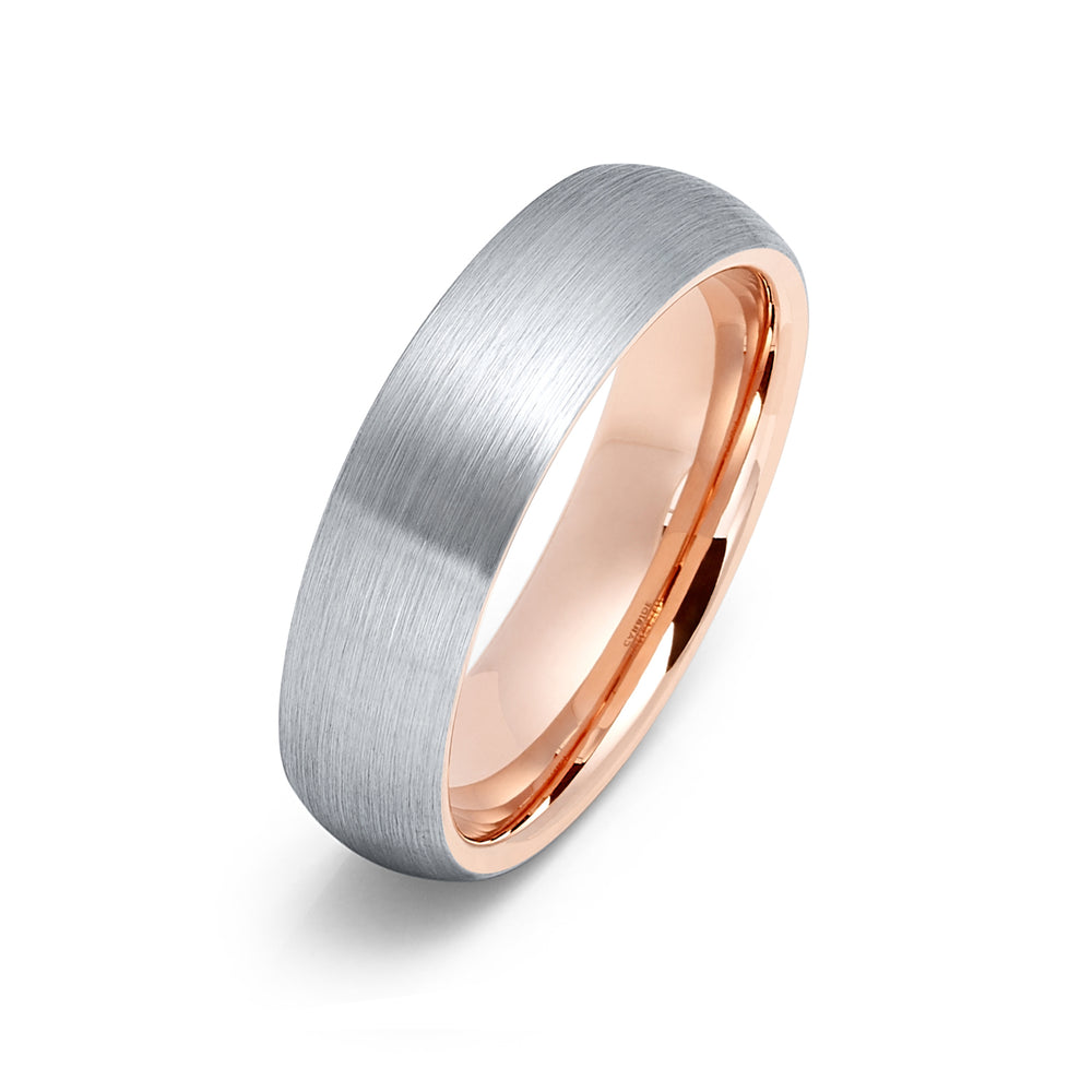 6mm - Mens Tungsten Wedding Band, Brushed Silver with Rose Gold Inside Inlay