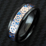 8-mm Tungsten Ring Rose Gold Steampunk Clockwork Gears On Dazzling Royal Blue Faux Carbon Fiber Inlay.