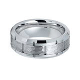 8mm - Mens Silver Tungsten Carbide Wedding Band Notched Hammered Ring