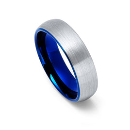 6mm Blue Tungsten Carbide Wedding Ring with Brushed Finish, Dome Ring