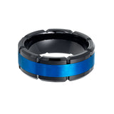 8mm Black & Blue Tungsten Carbide Notched Edges Wedding Ring, Engagement Band