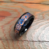 8-mm Tungsten Ring Rose Gold Steampunk Clockwork Gears On Dazzling Royal Blue Faux Carbon Fiber Inlay.