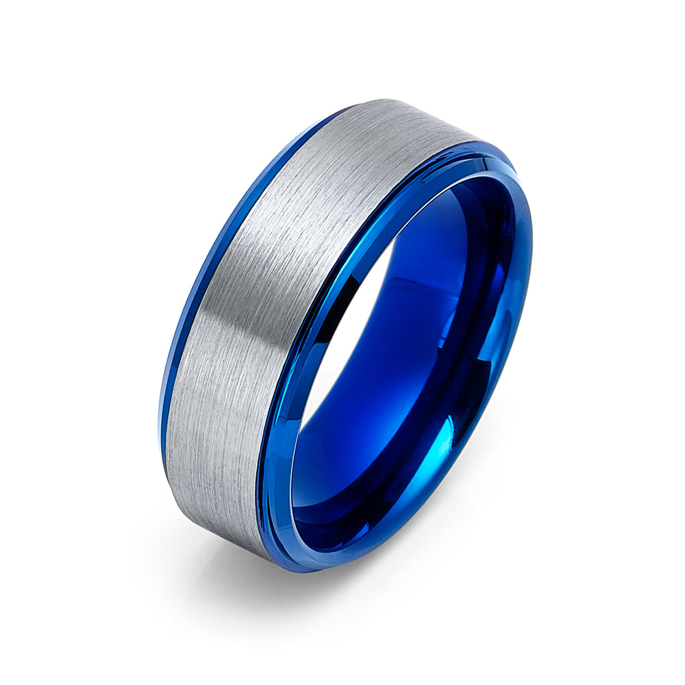 8mm Brushed Blue Tungsten Wedding Band with Polished Edges