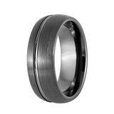 Tungsten Gun Metal Dome Brushed Off-Center Grooved Ring Tungsten Ring