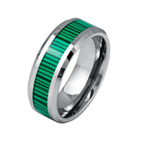 8mm - Tungsten Carbide Ring W/ Faux Malachite Inlay Beveled Edges Wedding Band