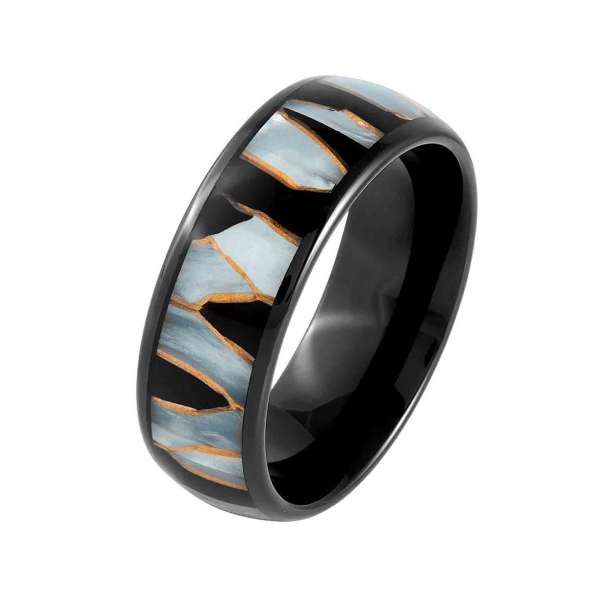 8mm Tungsten Carbide Ring W/ Capiz Shell, Black Resin & Gold Shavings