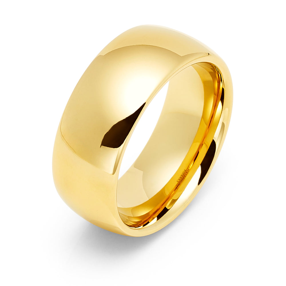 9mm - 14k Yellow Gold Tungsten Wedding Band, High Polish Dome Shape, Anniversary Ring