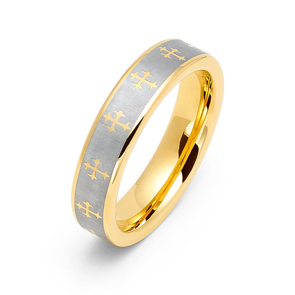 6mm - 14K Gold Tungsten Wedding Ring, Gold Cross Ring, Brushed Center,