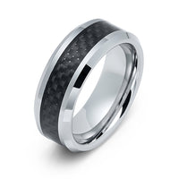 8mm - Silver Tungsten Wedding Band Black Carbon Fiber Inlay Ring