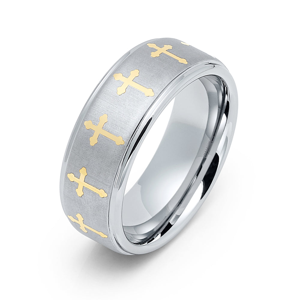 8mm - Silver Tungsten Wedding Ring, Gold Cross Ring, Stepped Edges
