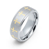 8mm - Silver Tungsten Wedding Ring, Gold Cross Ring, Stepped Edges