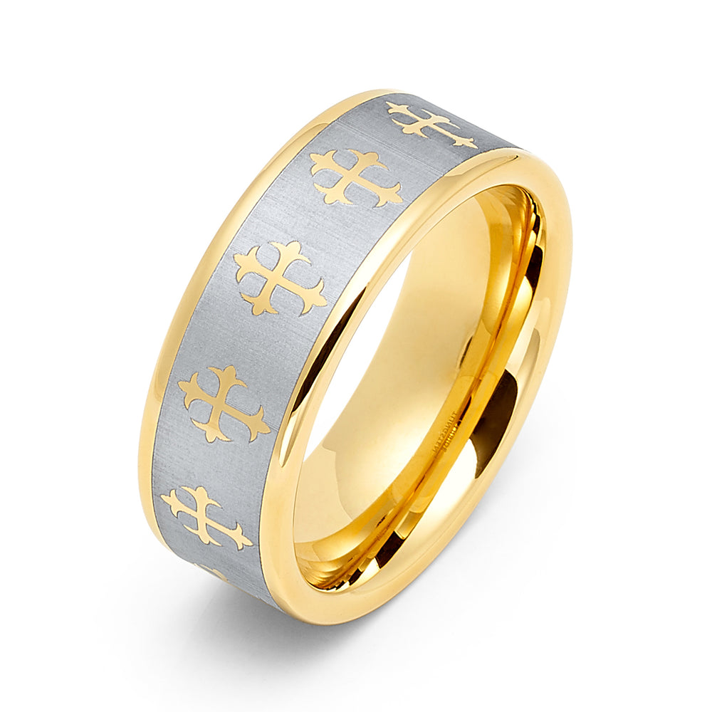 8mm - Gold Tungsten Wedding Ring, Gold Cross Ring, Brushed Center,