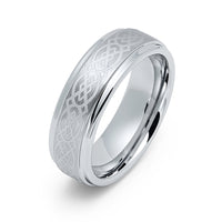 7mm - Silver Tungsten Wedding Ring, Celtic Ring, Brushed Center Celtic Knot Pattern
