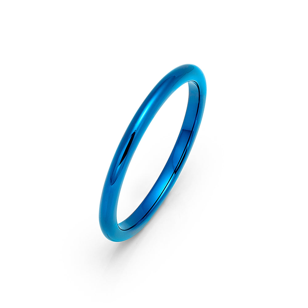 2mm - High Polish Blue Tungsten Wedding Band Dome Shaped