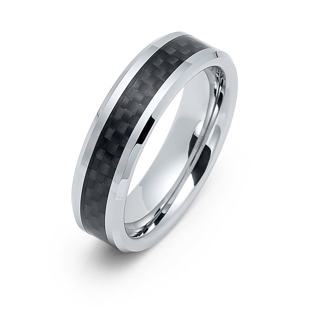 6mm - Silver Tungsten Wedding Band Black Carbon Fiber Inlay Ring