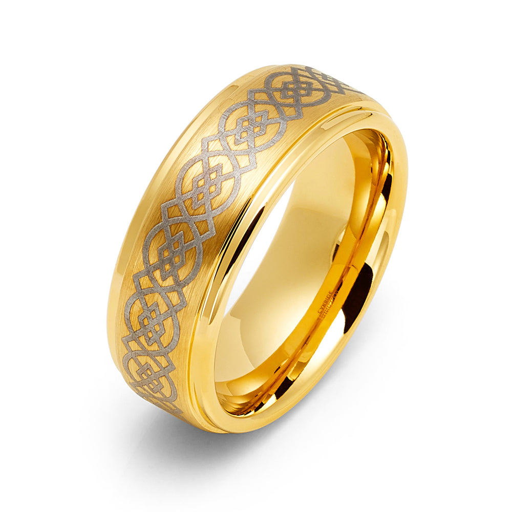 8mm - Gold Tungsten Wedding Ring, Gold Celtic Ring, High Polish Celtic Knot Pattern