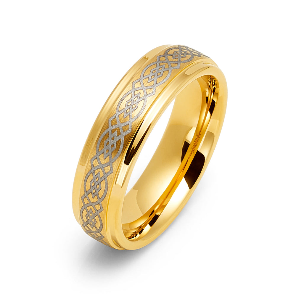 6mm - 14K Gold Tungsten Wedding Ring, Gold Celtic Ring, High Polish Celtic Knot Pattern