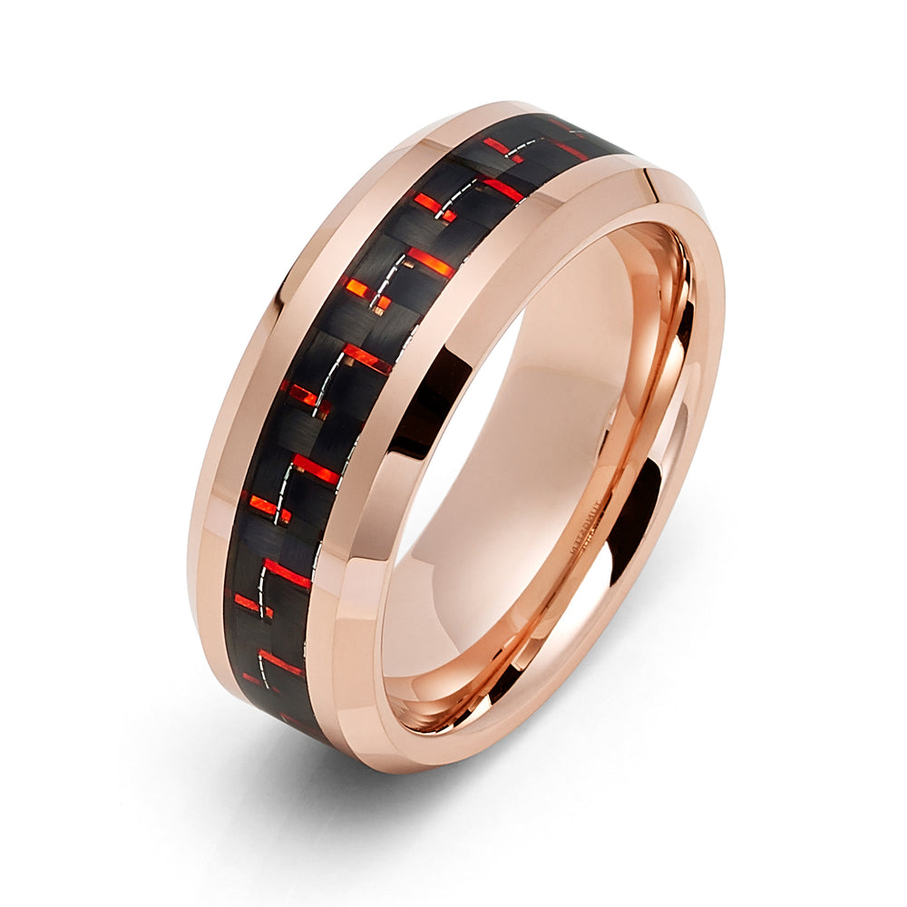 8MM Rose Gold TUNGSTEN Carbide RING WITH Red CARBON FIBER INLAY