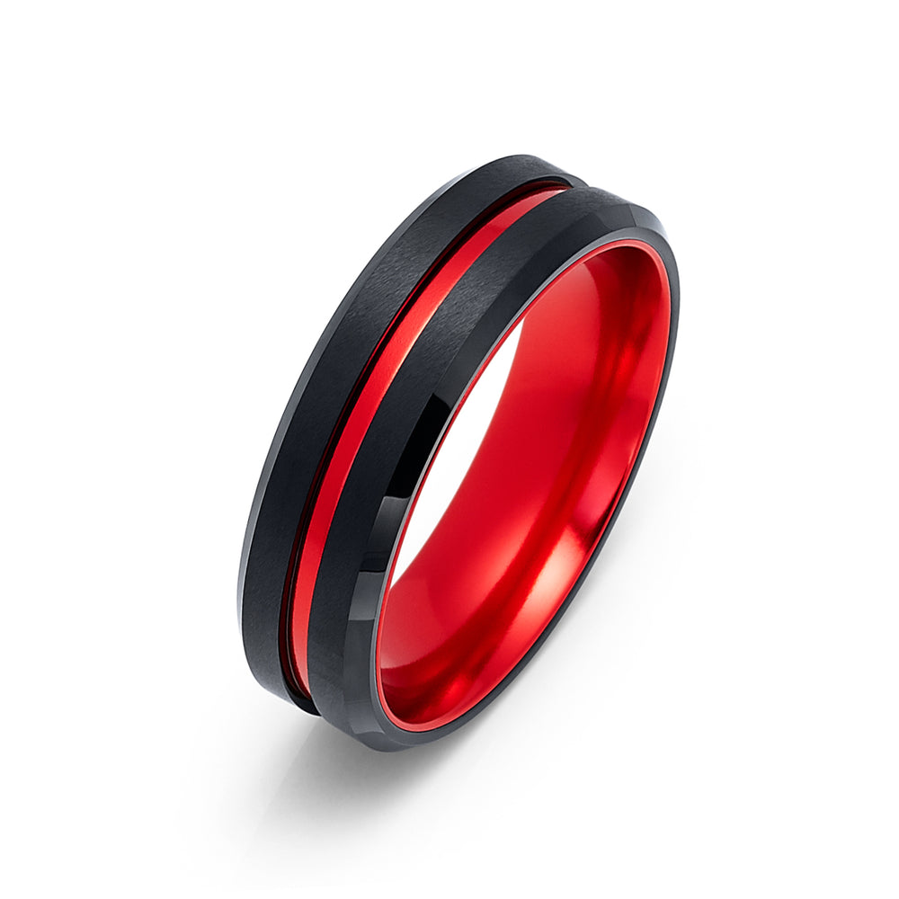 6mm - Black & Red Brush Matte Finish Tungsten Carbide Ring Beveled Edge Red Inlay Wedding Band