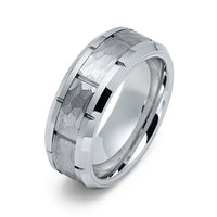 8mm - Mens Silver Tungsten Carbide Wedding Band Notched Hammered Ring