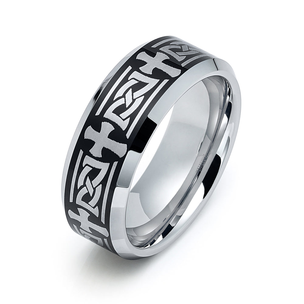 8mm - Silver Tungsten Wedding ring, Celtic Cross Ring, Beveled Edges