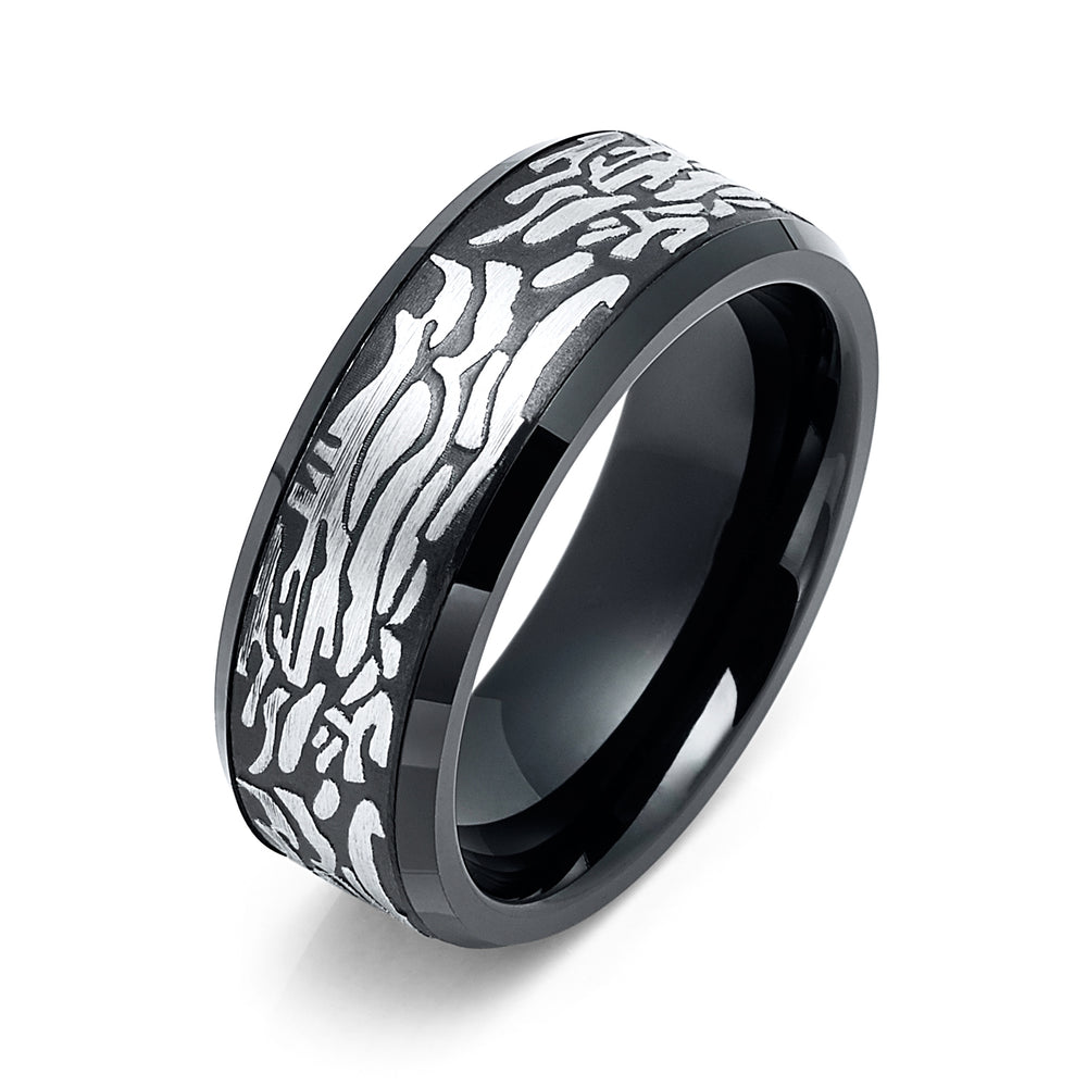 8mm Black Tungsten Carbide Wedding Band with Silver Laser Carved Rock Art