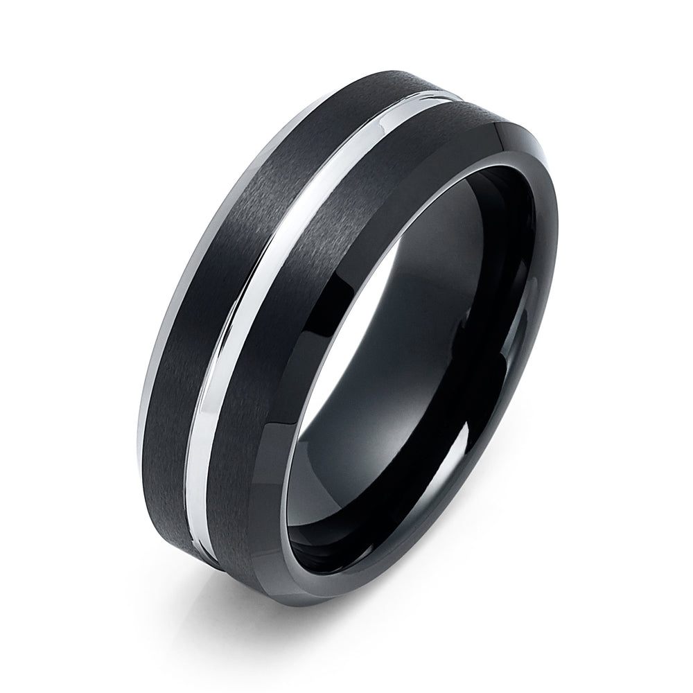 8mm - Black Tungsten Wedding Band Brush Finish Silver Center Groove