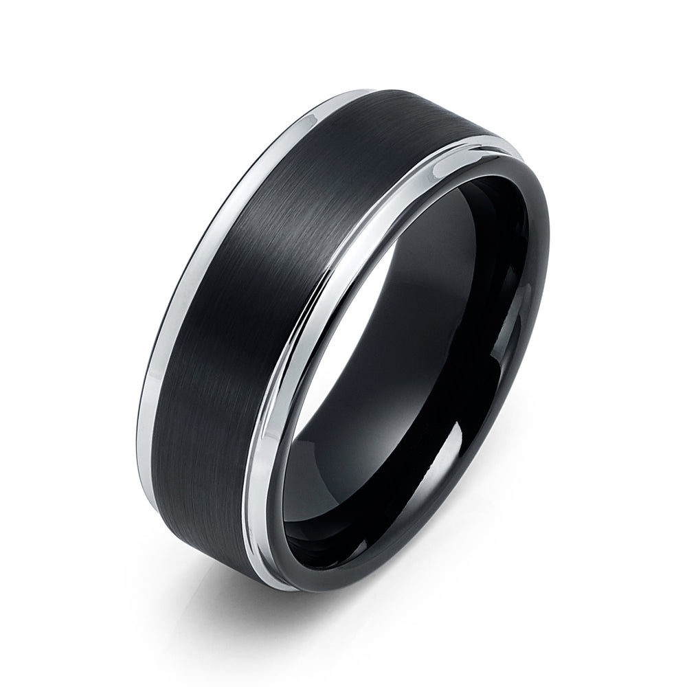 8mm Black Tungsten Wedding Band, Black Brushed Center w/ Silver Stepped Edges