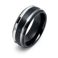 8mm Black Tungsten Carbide Wedding Band with Silver and black Beveled Edges