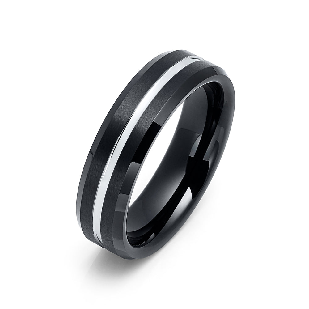 6mm - Black Tungsten Wedding Band Brush Finish Silver Center Groove