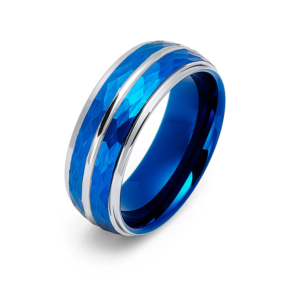 8mm Blue & Silver Tungsten Carbide Wedding Ring Hammered Finish
