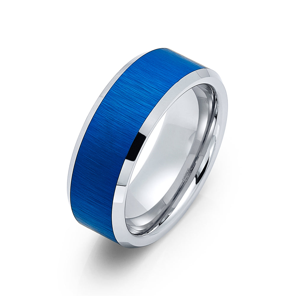 8mm Silver & Blue Tungsten Wedding Band W/ Brushed Blue Center & Polished Edges