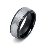 8MM BLACK TUNGSTEN WEDDING BAND, SILVER HAMMERED BRUSHED CENTER