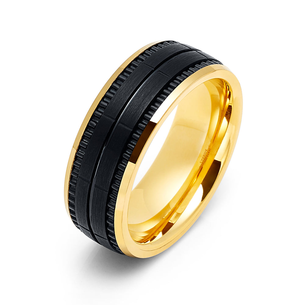8mm - Men's Tungsten Ring, Gold & Black Wedding Band, Brushed Groove Ring, Comfort Fit
