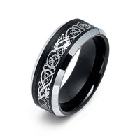 Tungsten Carbide Wedding black and. silver. Ring with 18K white Gold Dragon Inlay, 8mm