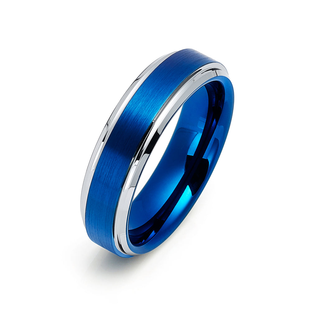 6mm - Blue Tungsten Carbide Wedding Band High Polish Stepped Edges Tungsten Ring