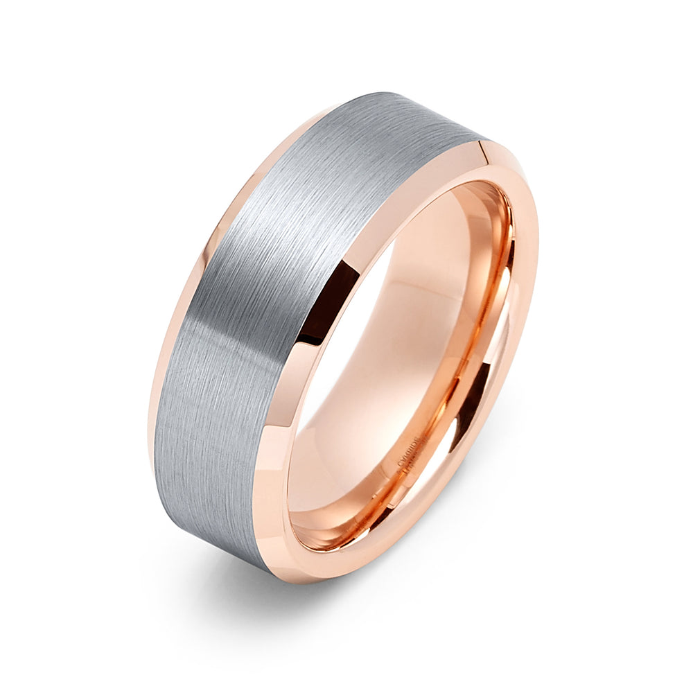 8mm - Tungsten Wedding Band Rose Gold Brushed finish, Rose Gold Beveled Edges,