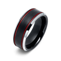 8mm - Red Tungsten Wedding Band Ice Finish With 2 Red Stripes Ring