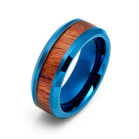 8mm Blue Tungsten Carbide Wedding Ring with Koa Wood Inlay