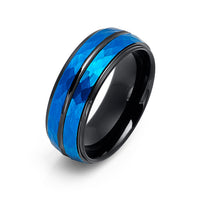 8mm - Blue & Black Tungsten Hammered Wedding Band High Polished Stepped Edges