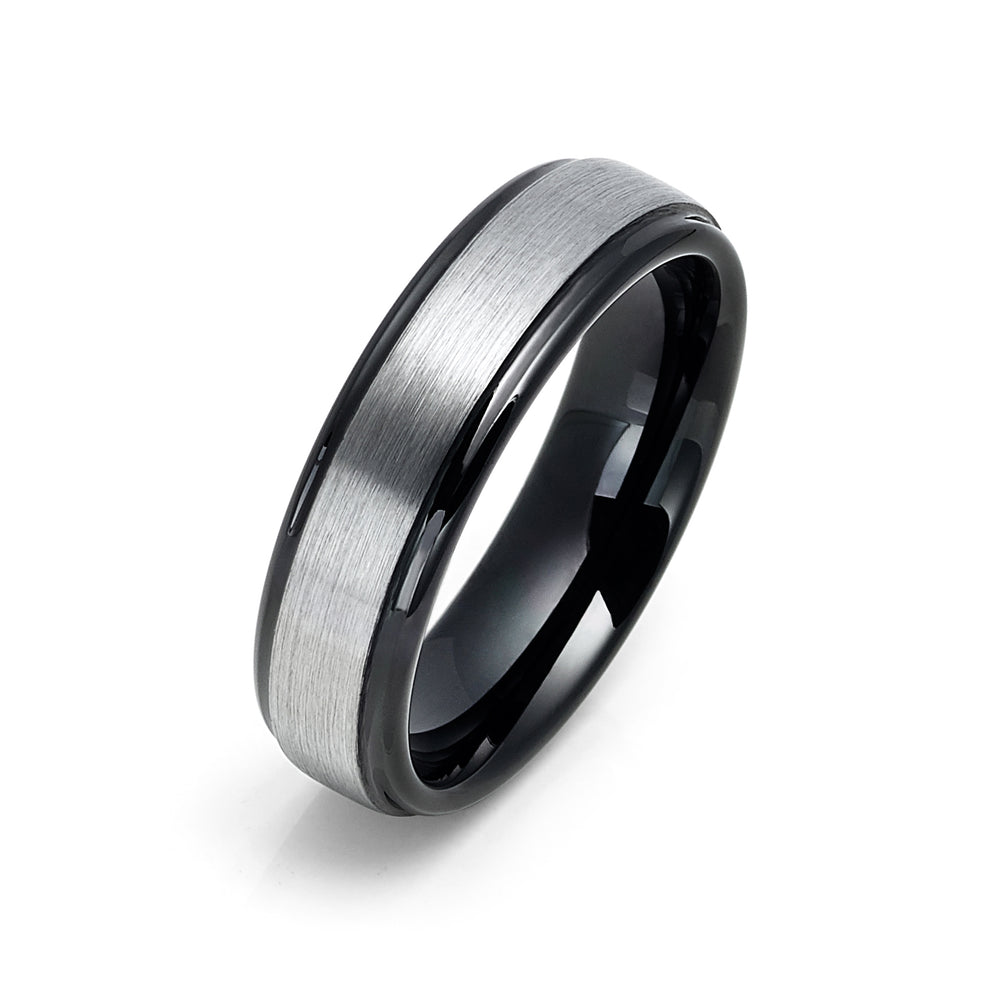 6mm - Black Tungsten Carbide Wedding Band With Stepped Edges Brush Center