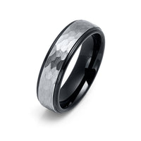 6mm Black Tungsten Wedding Band, Silver Hammered Brushed Center w/ Stepped Edges