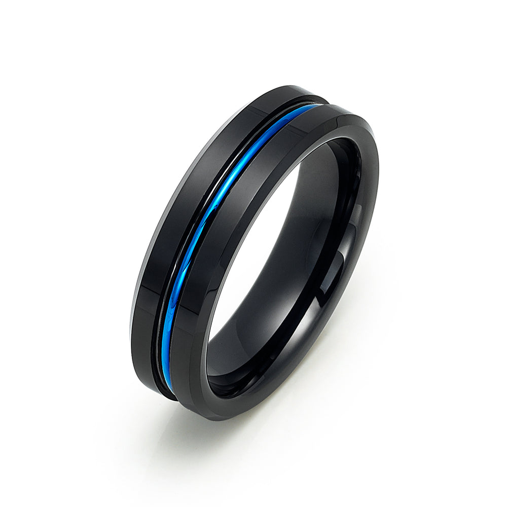 Black Tungsten Carbide Wedding Band W/ Blue Center Groove ring