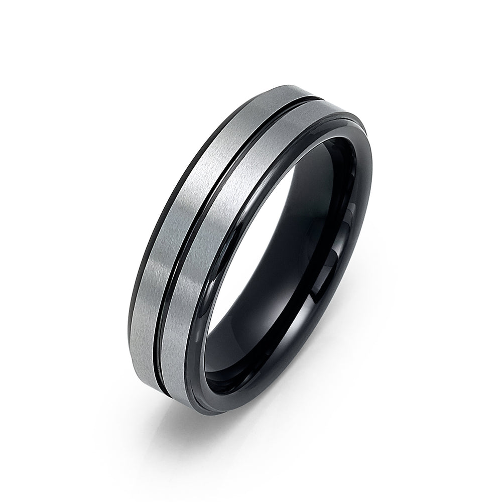 6mm Black Tungsten Wedding Band, Silver Brushed w/ Black center Groove