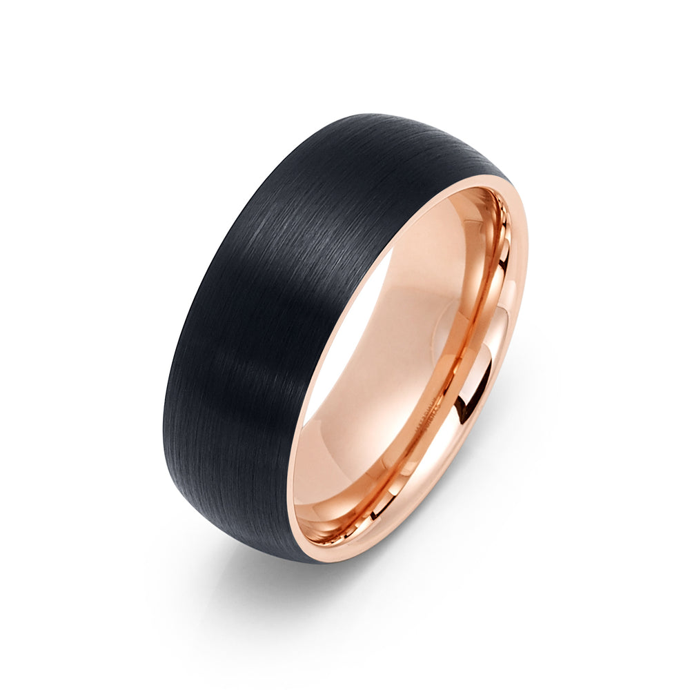 8mm - Rose Gold & Black Tungsten Wedding Band, Dome Brushed Finish, Tungsten Ring