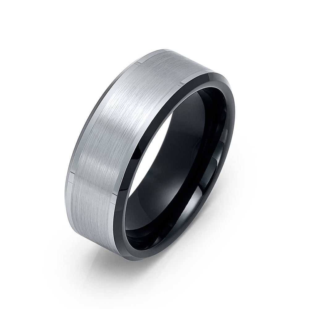 8mm - Black Tungsten Carbide Wedding Band with Black Beveled Edges Brush Center