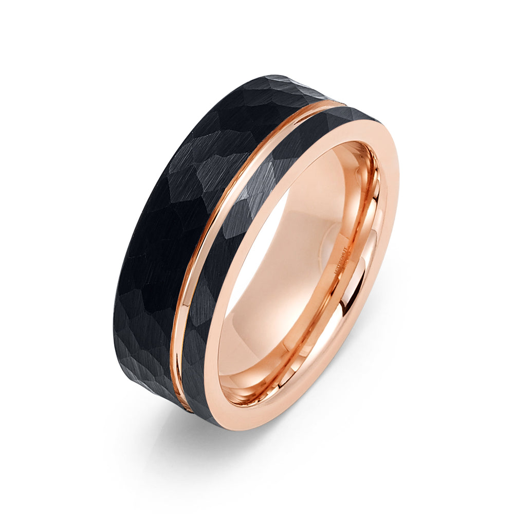 8mm Hammered Black Tungsten Carbide Wedding Band with Rose Gold Groove